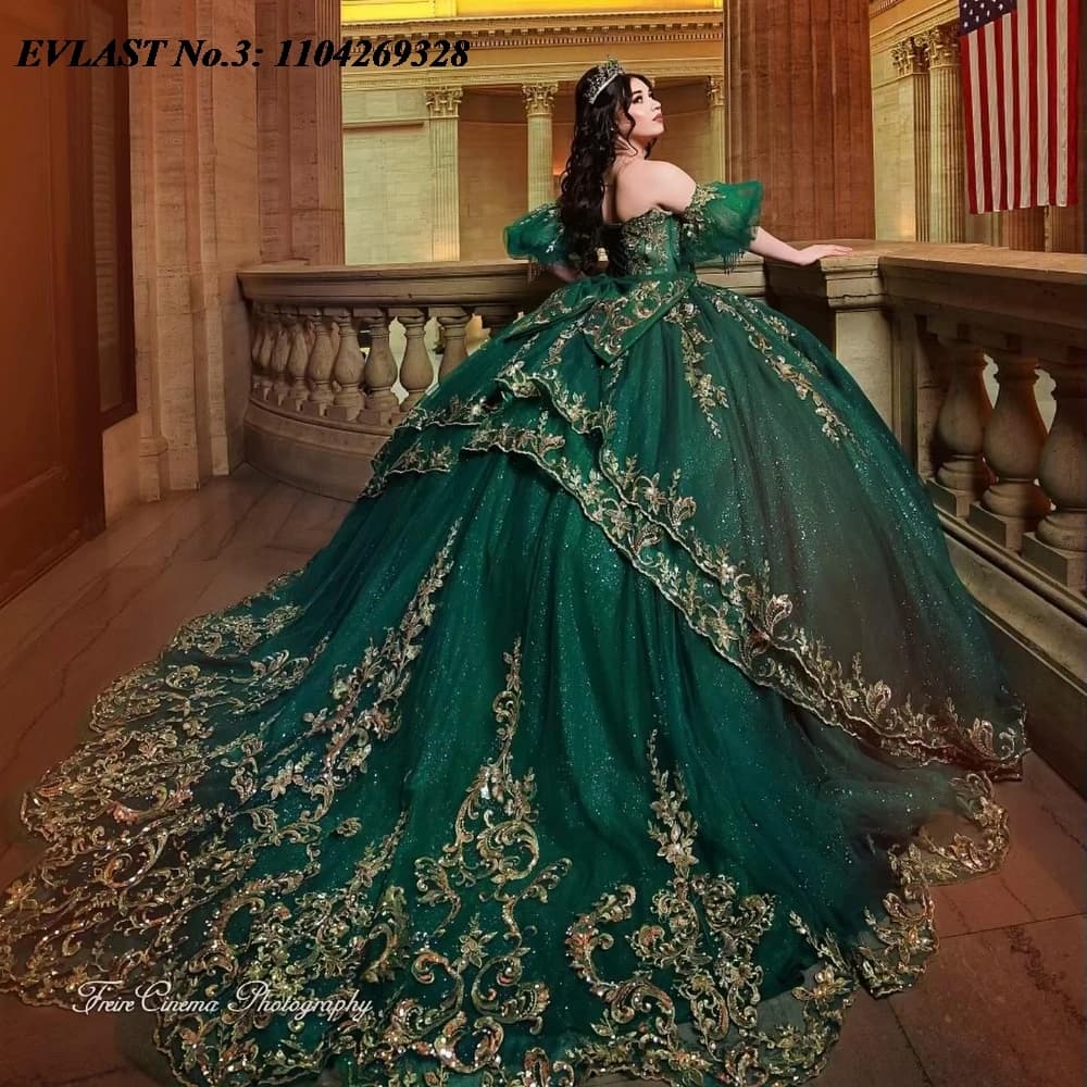 EVLAST Personalizzato Glitter Verde Smeraldo Abito Quinceanera Abito di Sfera Oro Pizzo Applique Perline Dolce 16 Abiti Da 15 Anos E3Q125