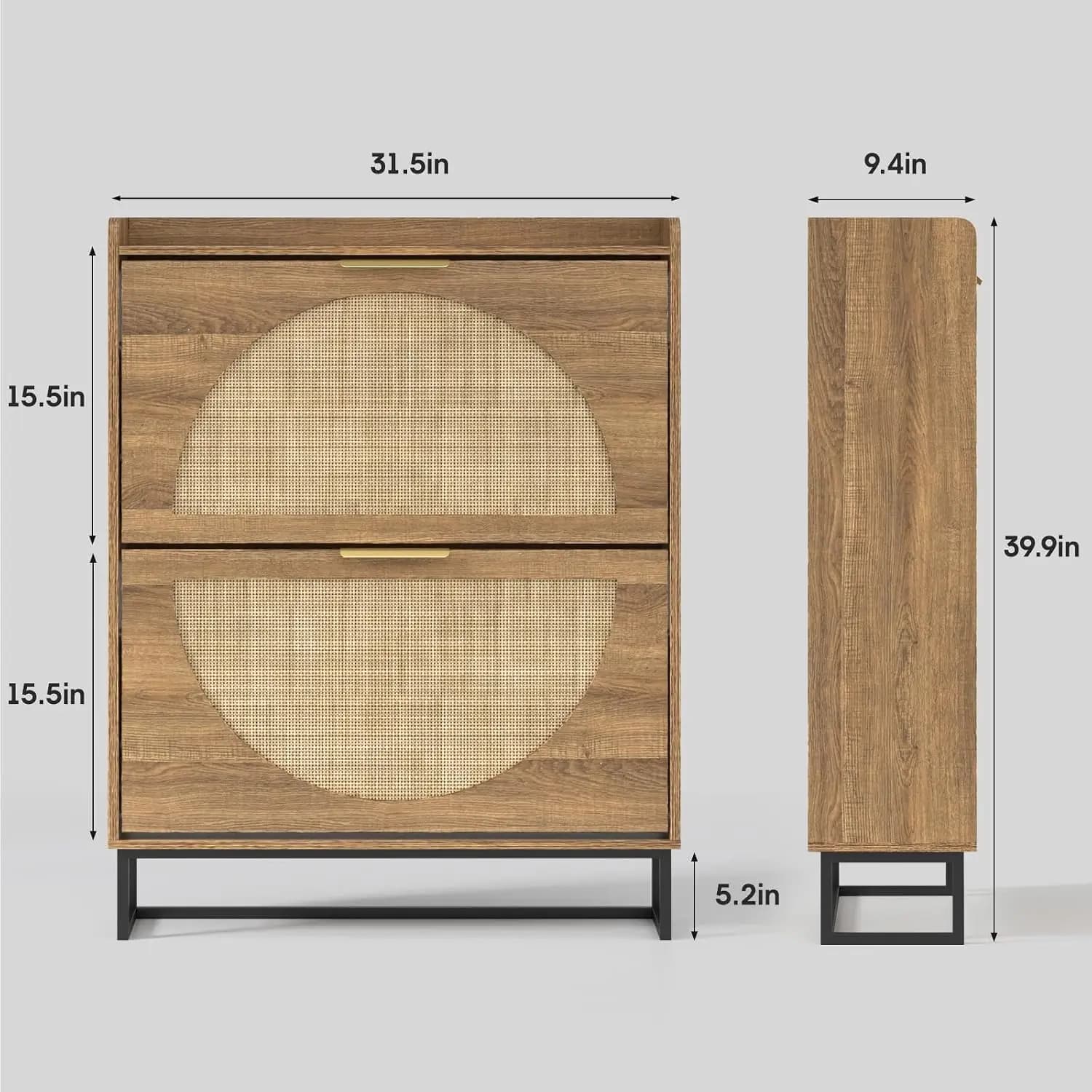 Rattan Shoe Storage Cabinet With Flip Drawers & Metal Legs, Hidden Handles Narrow Organizer For Entryway, Rustic Oak, Customized