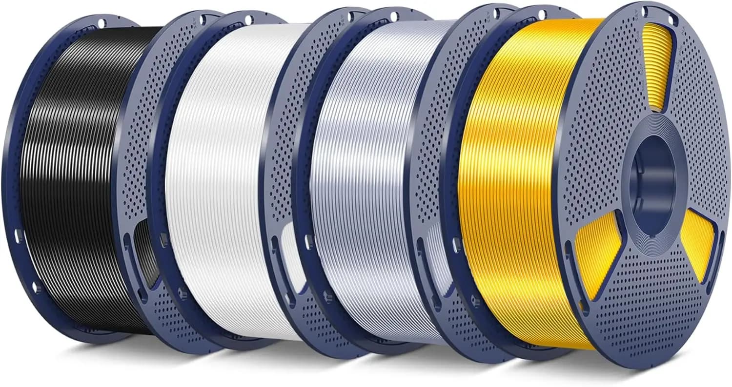 Silk PLA Plus Filament 4kg Bundle, Shiny Surface 1.75mm ±0.02mm, Glossy 3D Printing Filament, 1kg Spool, 4 Packs (Light Gold+Silver+Black+White)