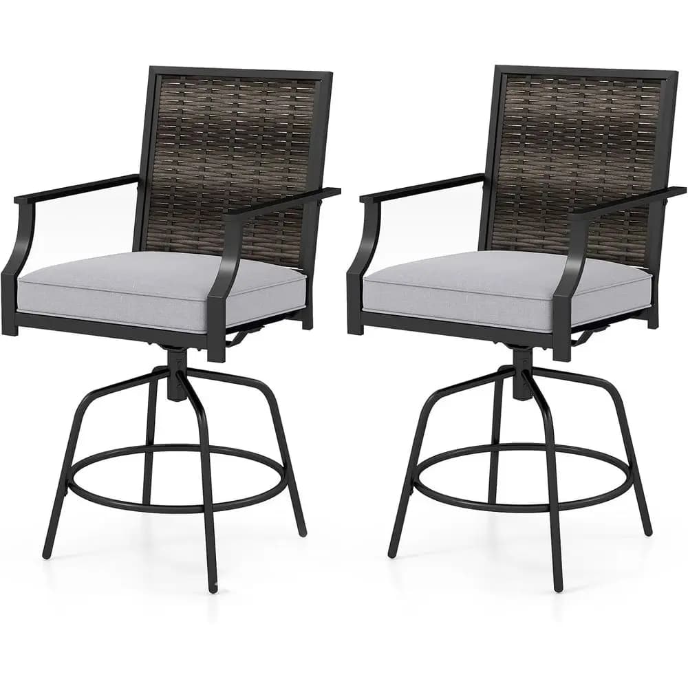 Set of 2 outdoor swivel bar stools, high-rise metal garden chairs with cushion, backrest and armrests for terrace, garden, swimming pool and