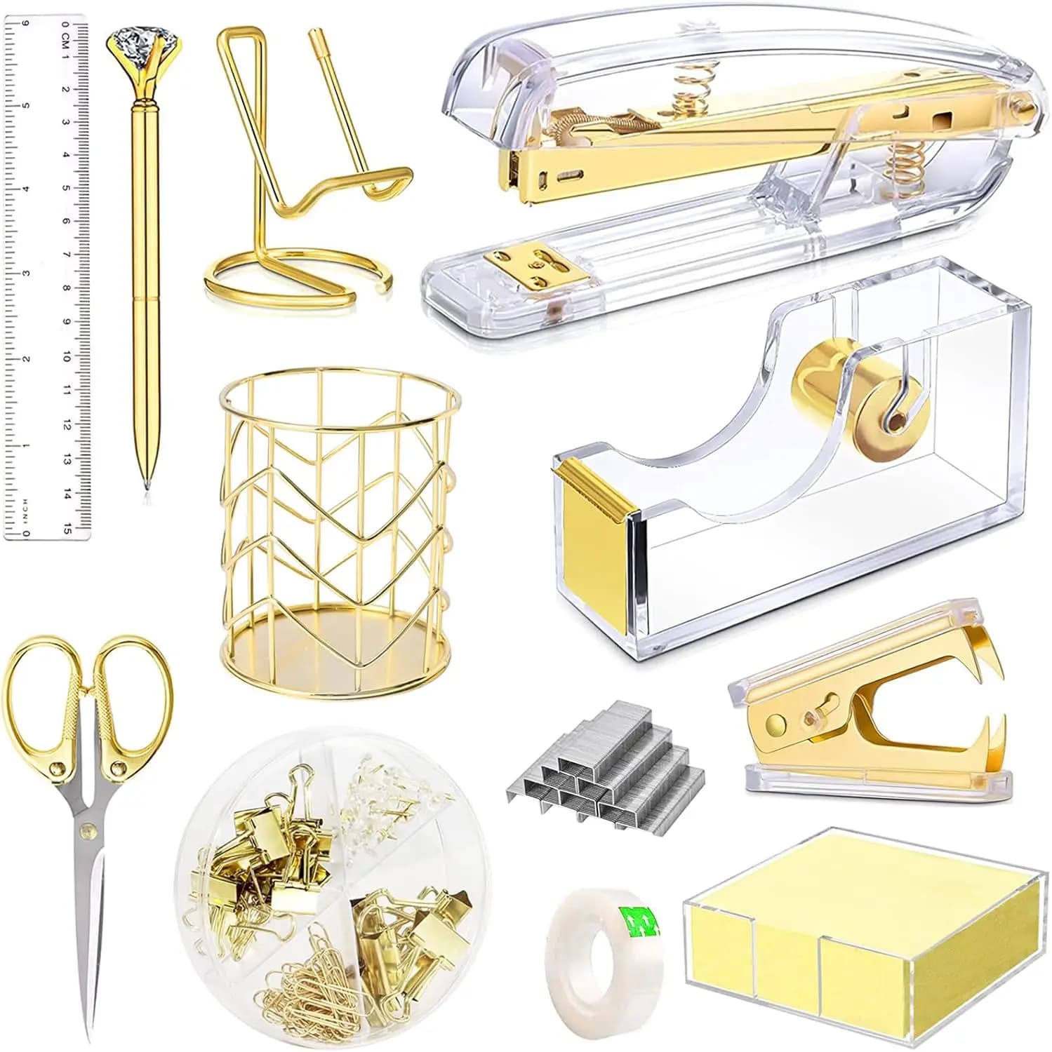 Gold Acrylic Office Supplies Set: Stapler, Tape Dispenser, Pen Holder, Scissors, Phone Stand, 1000 Staples, 300 Notes