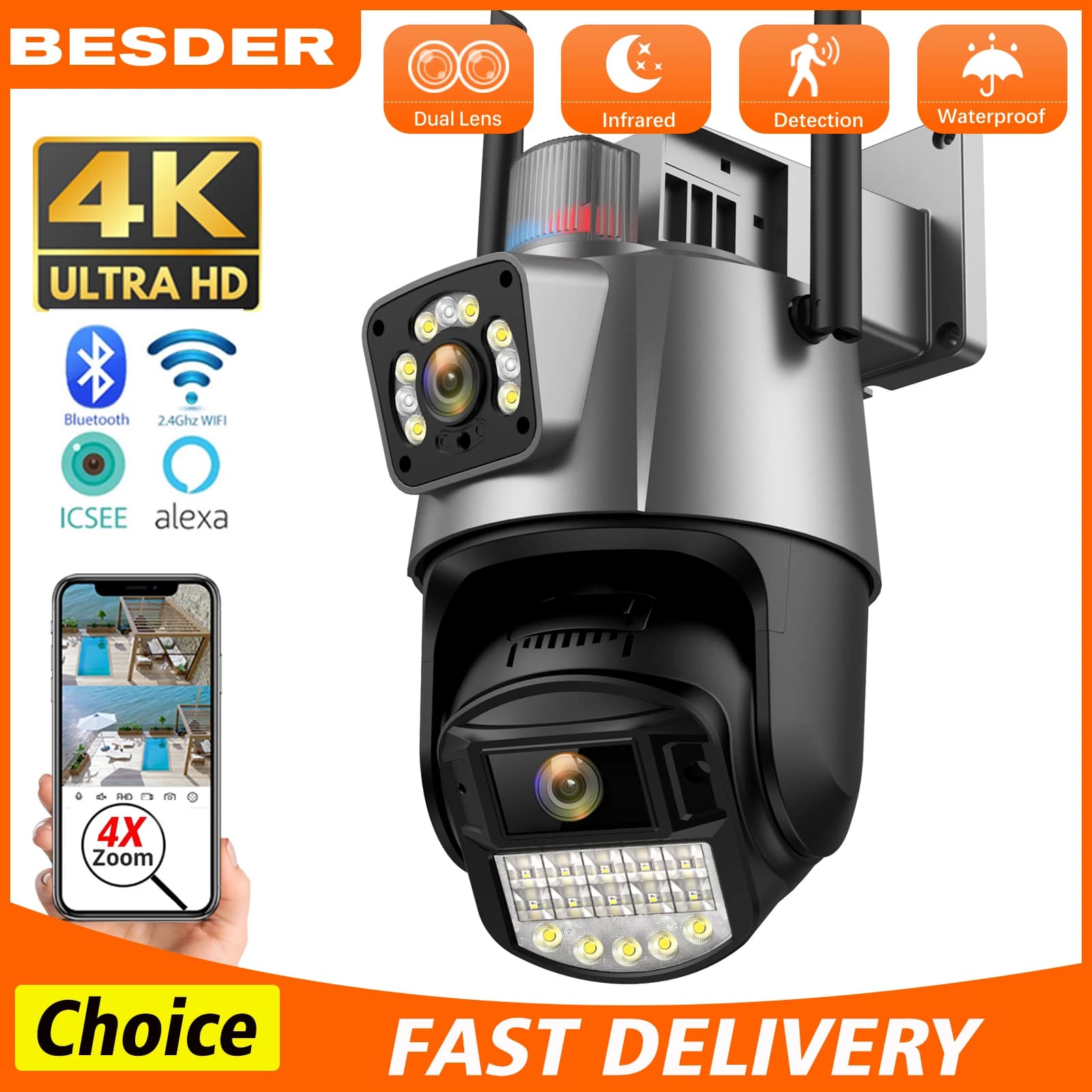 BESDER WIFI IP Camera 8MP 4K Dual Lens PTZ Camera Smart Home Protection telecamera di videosorveglianza CCTV di sicurezza impermeabile ICSEE