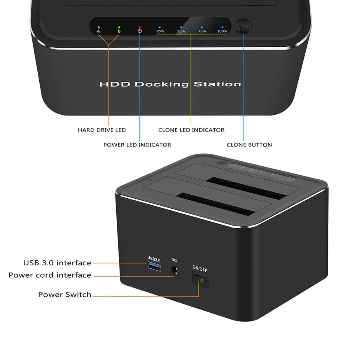 Stabile - Docking station dual-bay da USB 3.0 a SATA per custodia per disco rigido HDD/SSD da 2,5/3,5 pollici Dock per clonazione offline Spina UE