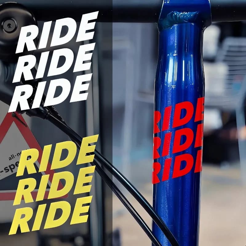 Adesivo impermeabile per bicicletta da 1 pezzo, scritta 'RIDE', in vinile autoadesivo per tubo superiore bici da corsa, casco da moto e serbatoio carburante