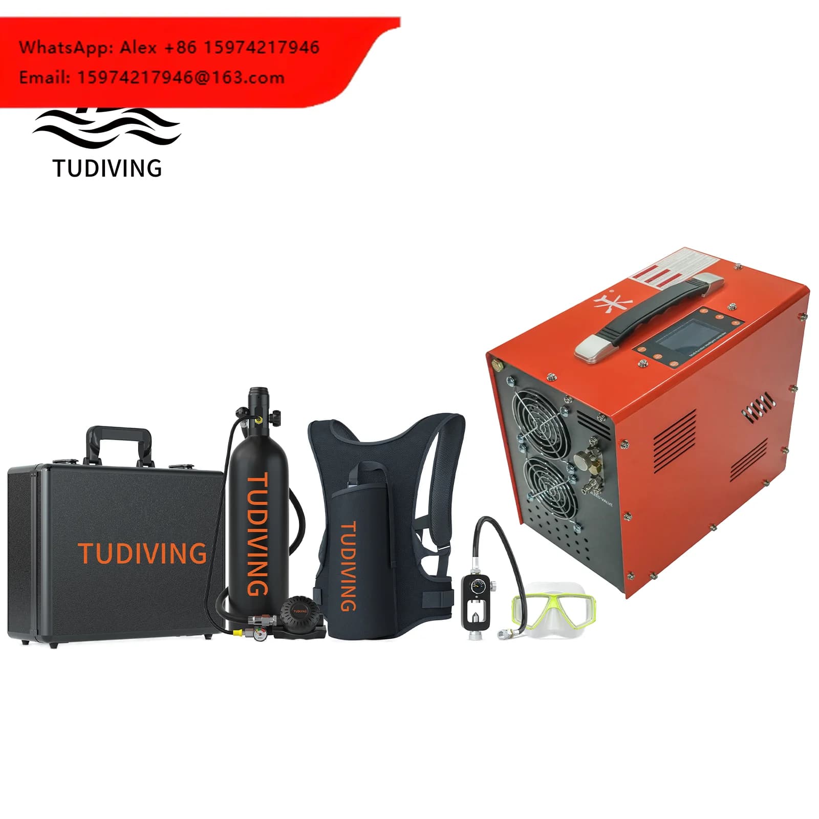 TUDIVING CE Hot Sale 2 Liter 25-30Min 12V LCD Hpa Air Compressor Underwater Snorkeling Swimming Air Tank Scuba Diving Equipment