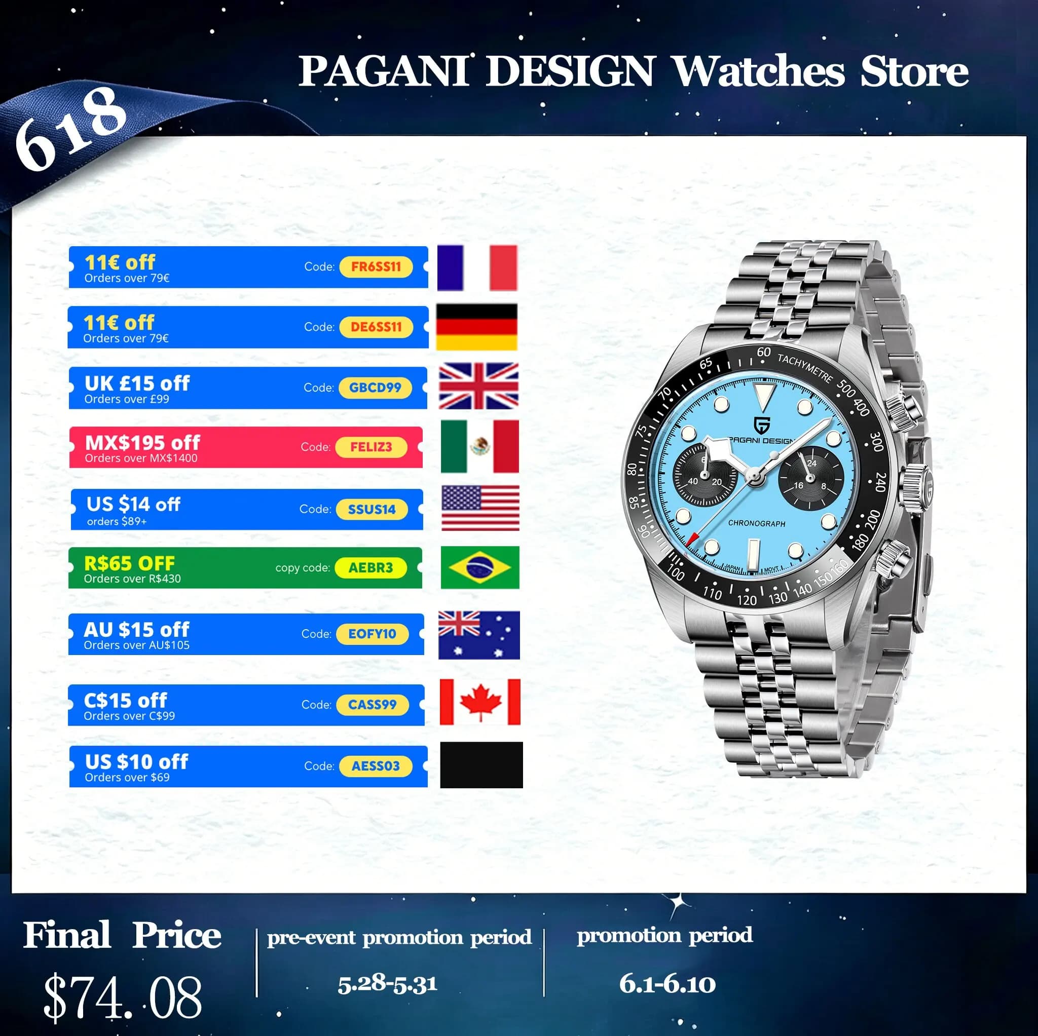 PAGANI DESIGN Men's Luxury Quartz Watch, Elegant Stainless Steel Chronograph With Sapphire Glass, Luminous Tachymeter, Waterproof 100m