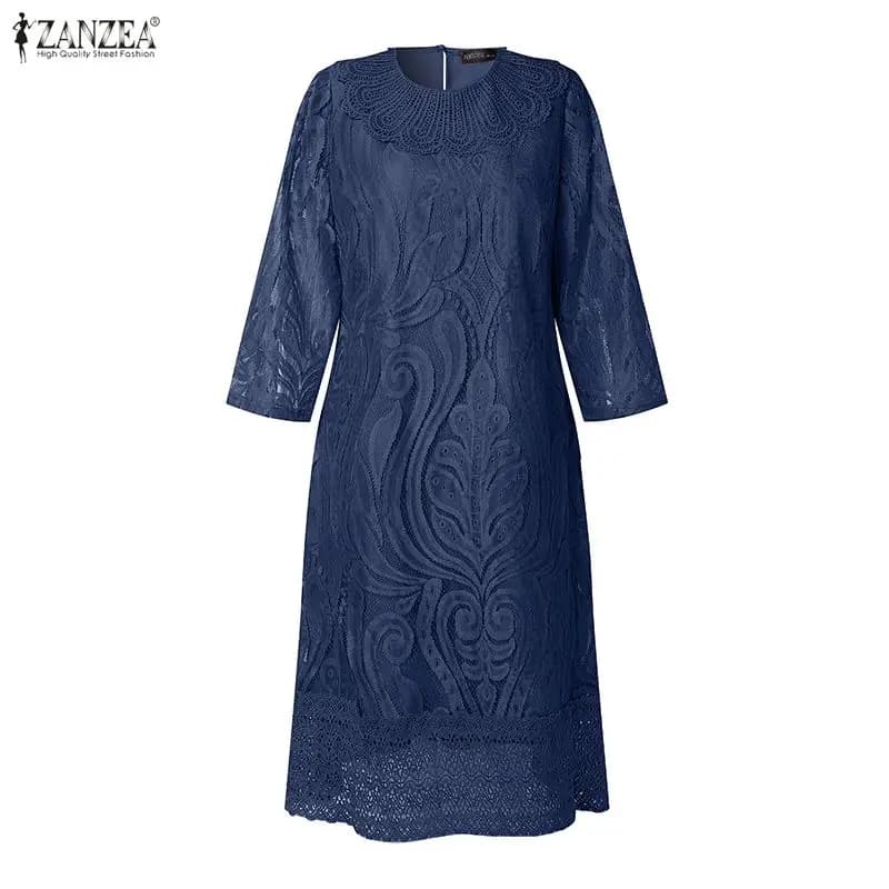 ZANZEA 2026 Abito Estivo da Donna con Maniche 3/4 e Inserti in Pizzo, Elegante Vestito da Lavoro, Stile A-Line per Feste