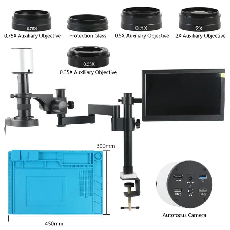 Autofocus 4K HDMI USB PC Misurazione Video Microscopio Fotocamera 11.6 "LCD Pieghevole Deskto Stand 56 LED Set di luci per saldatura PCB