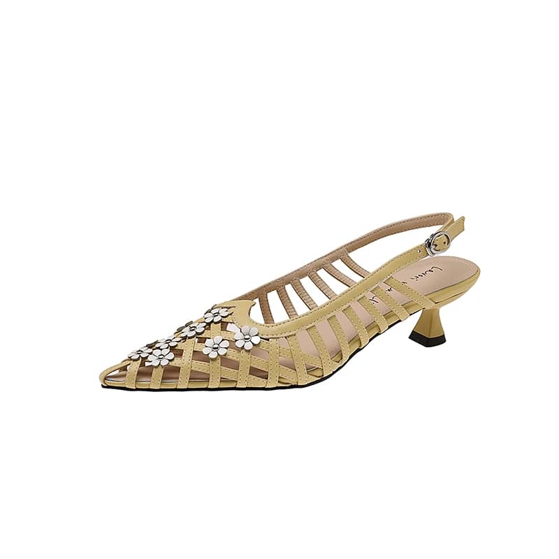 Genuine Leather Sheepskin Flower Women Sandals Woven Hollow Breathable kitten Heel Mesh Pointed Toe High Heels,Sex Womens Shoes