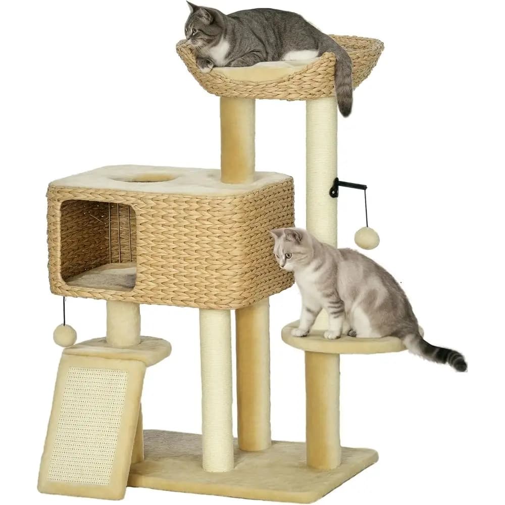 Torre per Gatti da Interno 38 con Tiragraffi, Cuccia, Palline Giocattolo, Piattaforma e Letto in Beige