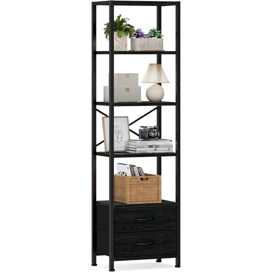Scaffale angolare a 5 livelli Scaffale stretto con 2 cassetti portaoggetti Libreria alta 65,16 Scaffale portaoggetti per soggiorno Be