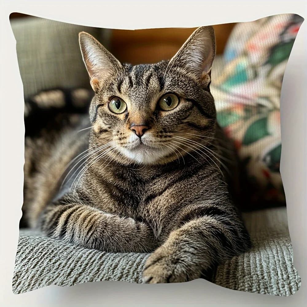 Fodera per cuscino bifacciale in peluche corto con ritratto di gatto tabby, 45x45 cm, per divano, soggiorno, camera da letto, ufficio