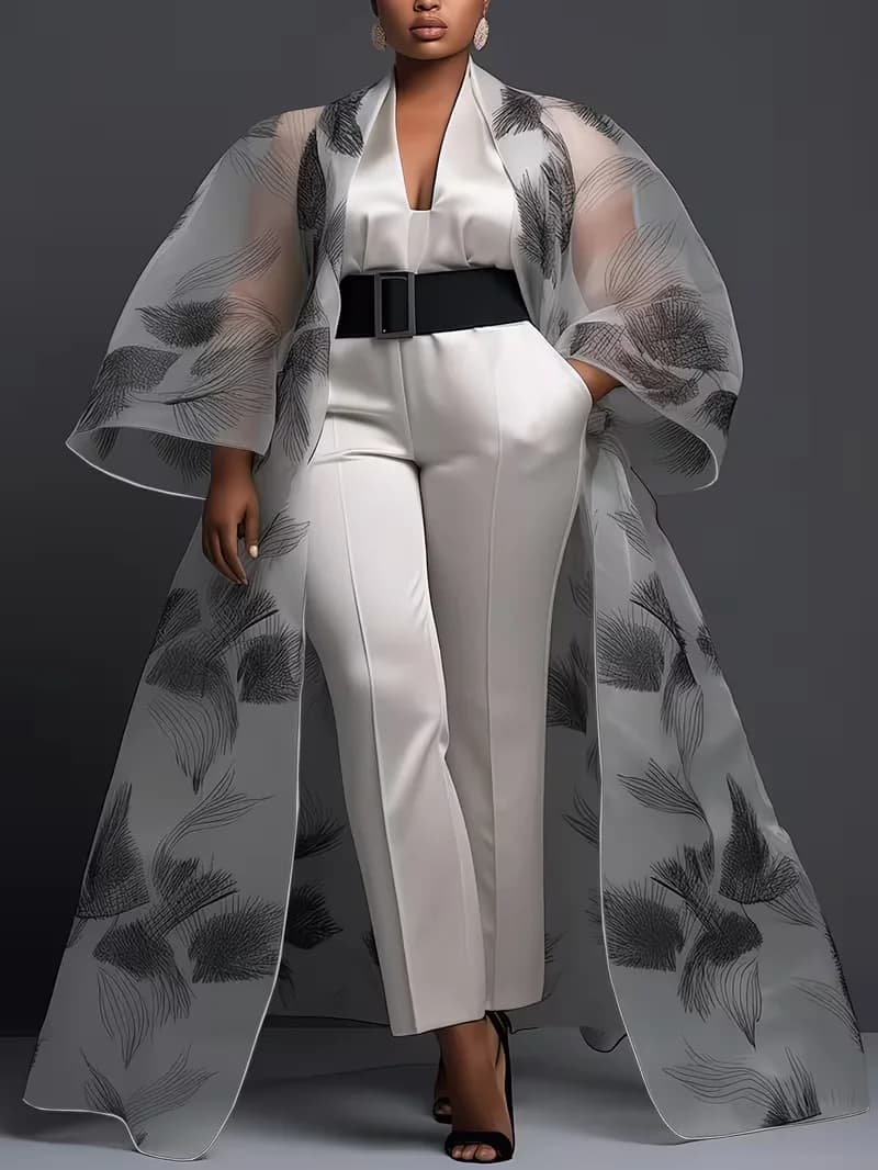 Copricostume da donna in organza trasparente, blusa lunga a mantella con stampa astratta, maniche ampie, apertura frontale, elegante per la sera, taglie forti