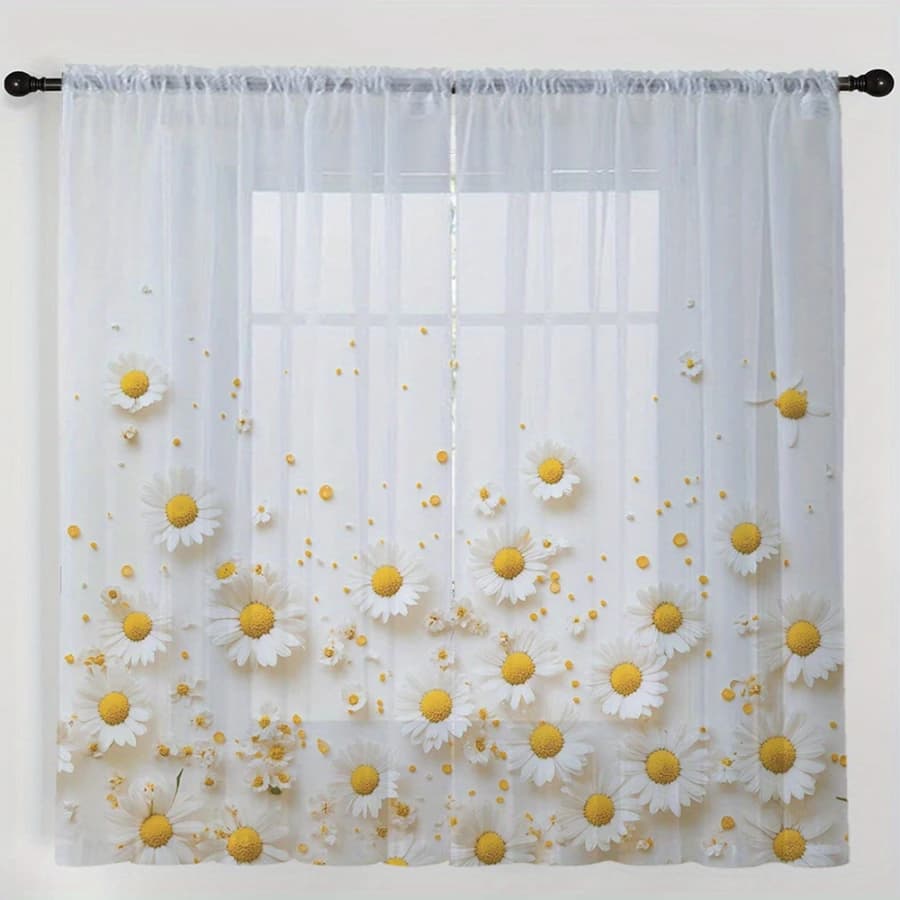 2PCS Digital Print Sheer Curtain, Yellow Dot Daisy, Modern Minimalist Window Curtains for Living Room Bedroom Home Decor