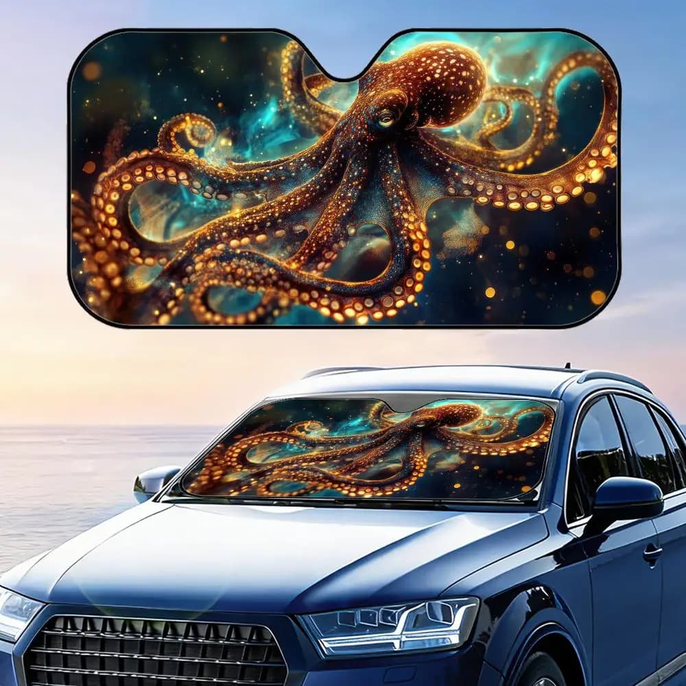 Ocean Octopus Parasole per Auto in Foglio di Alluminio Riutilizzabile, Protezione UV, Isolamento Termico, Copertura per Parabrezza