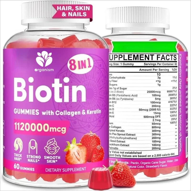 gommose caramels to biotin are gummed to collagen containing keratin, folate, vitamins, used for hair growth, skin and nail integration