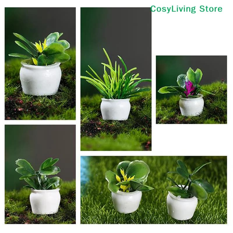 4 mini green pot plants, miniature 1:12, home decorations, simulated pot plants