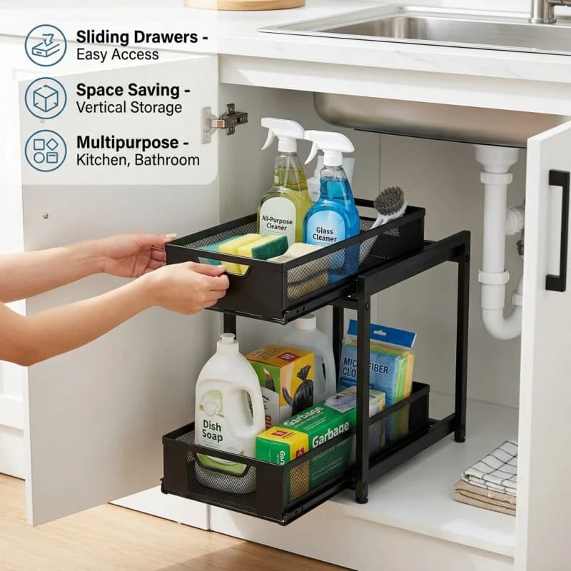 Organizzatore a 2 Livelli con Cassetti Scorrevoli per Sotto Lavello, Scaffale Multiuso per Cucina e Bagno, Nero, 1 Pezzo