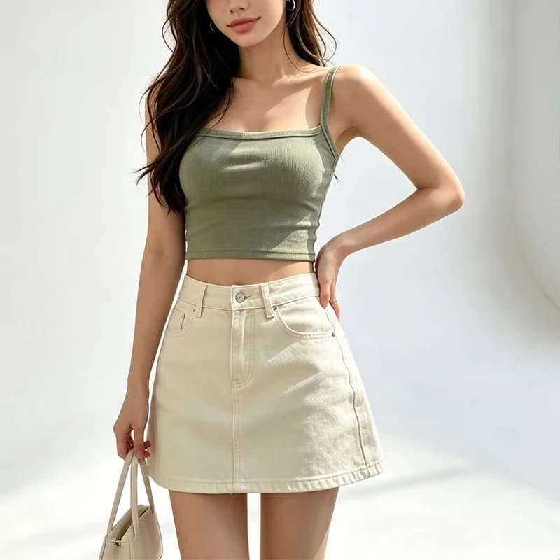 Vertical Ribbed Thin Strap Camisole Women Square Neck Solid Color Slim Cropped Fitted Daily Layering Tank Top