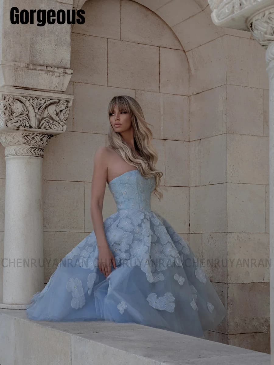 Sky Blue Tea-Length Cocktai Dresses 2026 Strapless Lace Sexy Formal Party Dress A-line Applique Exquisite Prom Gown Custom