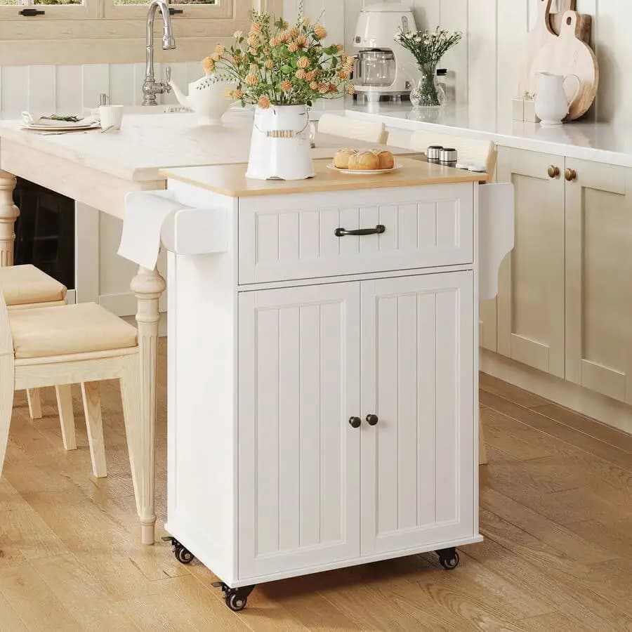 Asofer Kitchen Island Cart With Storage Cabinet, 35.8" W Mobile Trolley Cart On Metal Wheels With Drawer & Adjustable Shelf, Spice Rack & Towel Rack, Wooden Countertop, For Dining Room, Bar, Valentine's Day Ideas