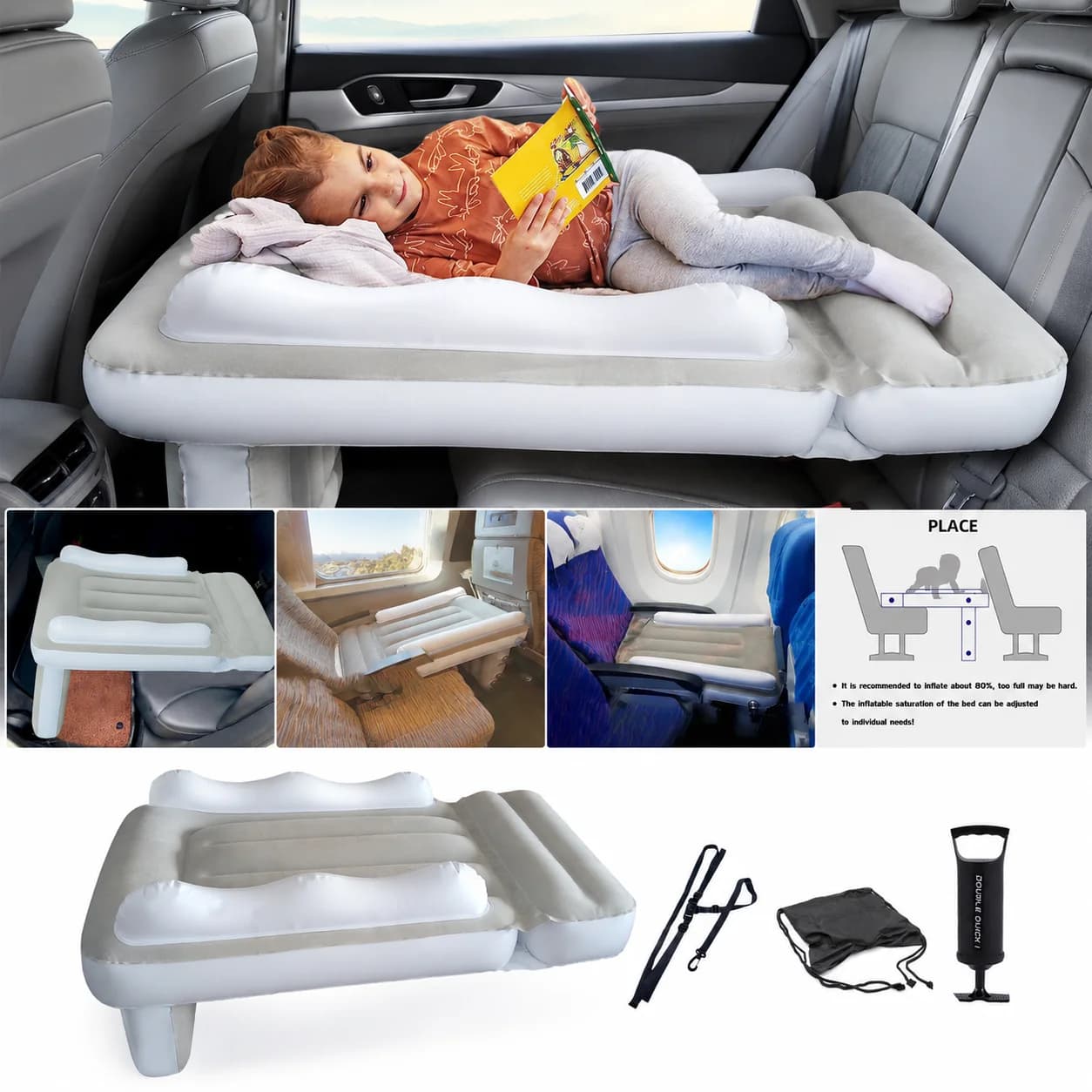 Inflatable Kids Car Travel Bed Rear Seat Air Mattress with Side Guardrail Portable Baby Sleeping Cushion for Road Trip