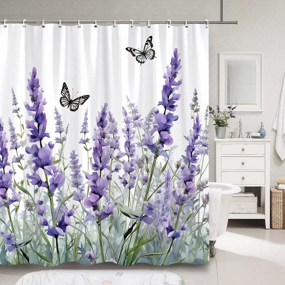 Tenda da doccia viola lavanda farfalla svolazzante fiore botanico pittura artistica ad acquerello tenda da doccia decorazione del bagno