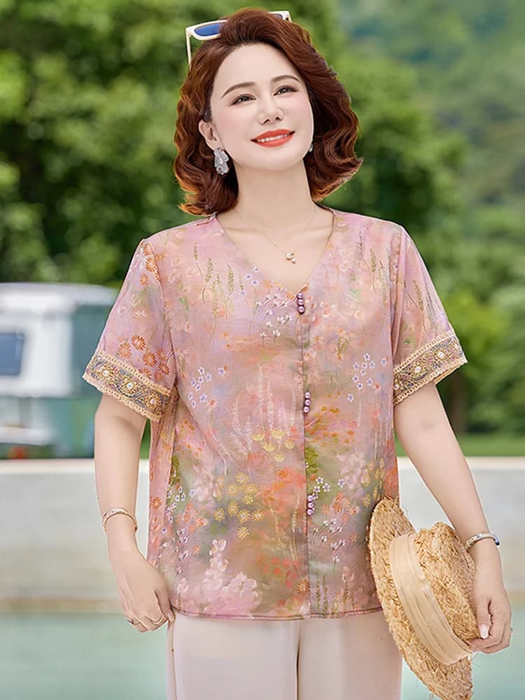Fashionable Printed Short Sleeve T-Shirt for Mommy Loose V-Neck Glittering Breathable Lightweight Polyester Fiber Summer Top