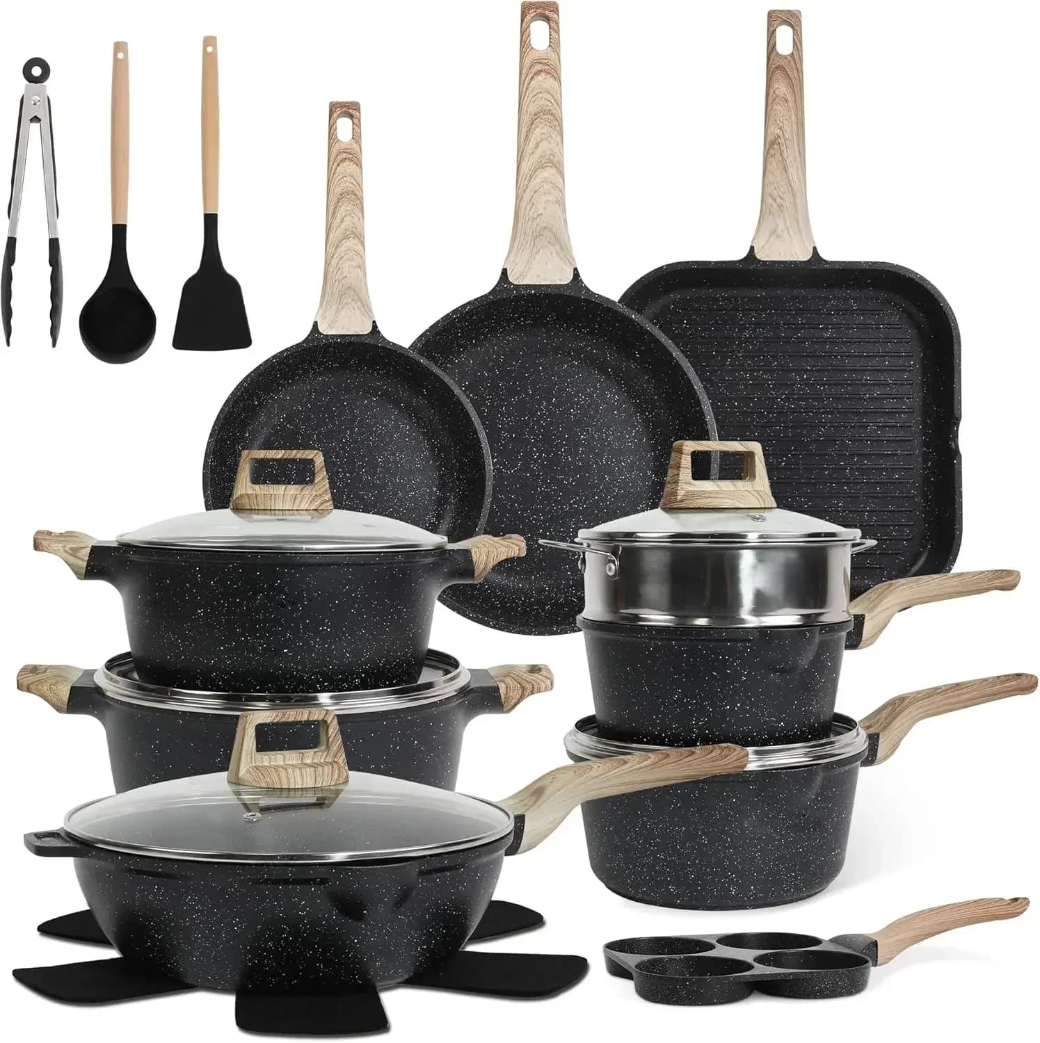 Set di pentole e padelle antiaderenti da 23 pezzi – Set di pentole in granito, senza PFOA – Include padelle, casseruole, piastra, padella per uova – Indu