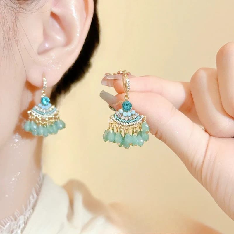 Green Beaded Tassel Earrings Ethnic Bohemian Earrings No Pierced Ear Clips Holiday Style Color Decoration