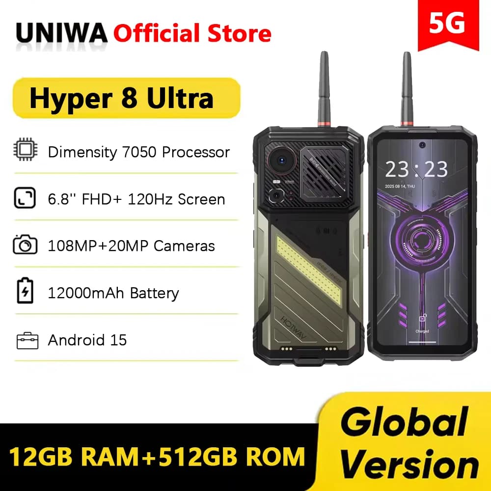 HOTWAV Hyper 8 Ultra Walkie-Talkie Telefono robusto Dimensity 7050 Telefoni cellulari 12GB 512GB 12000mAh 108MP NFC Smartphone Android 15