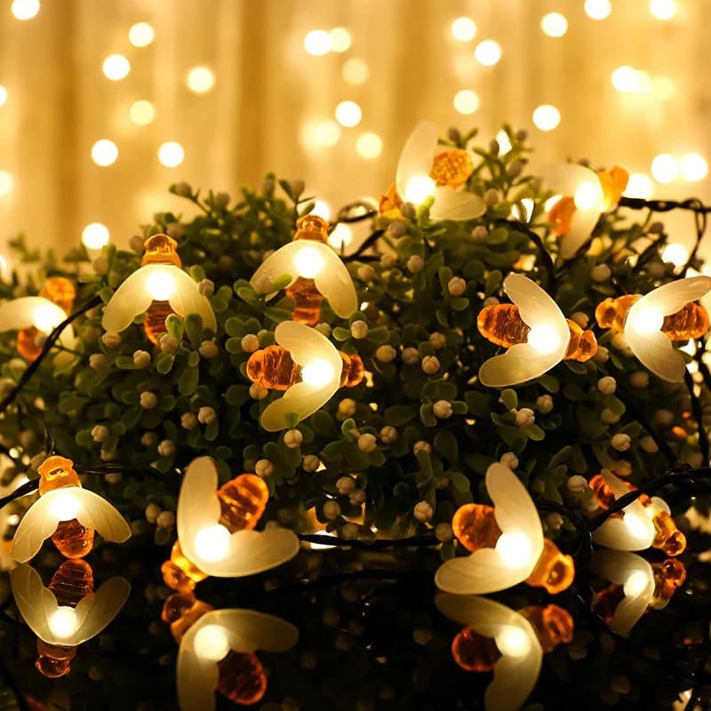 LED Solar Bee String Lamp Outdoor Fairy Light Tree Garland Waterproof Patio Garden Holiday Party Decoration Tree Fence Balcony