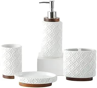 Set da Bagno in Ceramica e Legno 4 Pezzi - Motivo Quadrifoglio Bianco - Dispenser Sapone, Portaspazzolino, Bicchiere, Portasapone