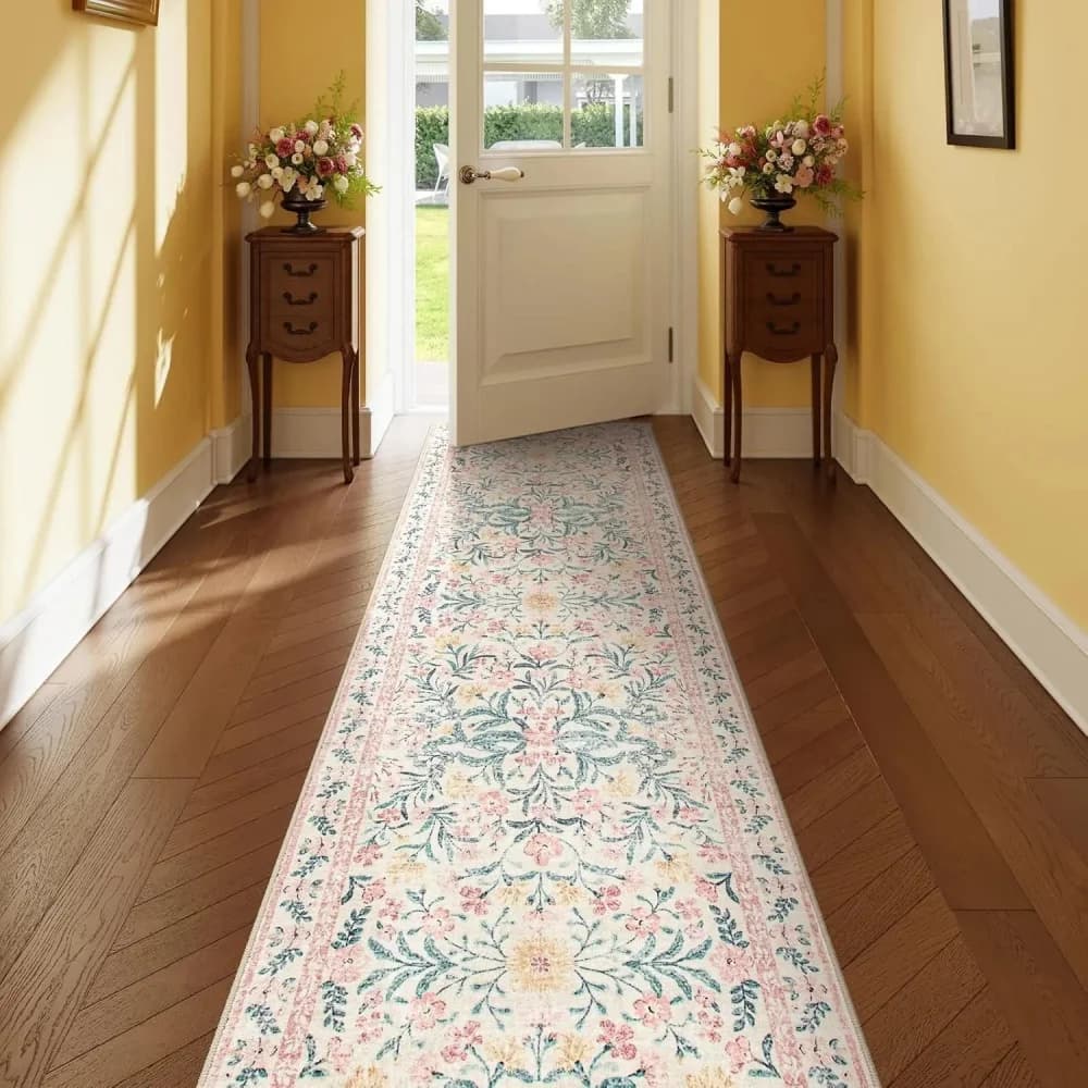 VIKAMA Tappeto Runner Floreale Bohemien Antiscivolo Lavabile in Lavatrice per Ingresso, Corridoio, Camera da Letto, Cucina, Decorazione Casa