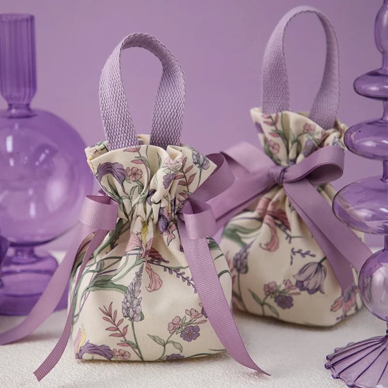 Portable Drawstring Handheld Canvas Candy Bags with Floral Pattern & Ribbon Bow Soft Reusable Wedding Gift Packing Bags