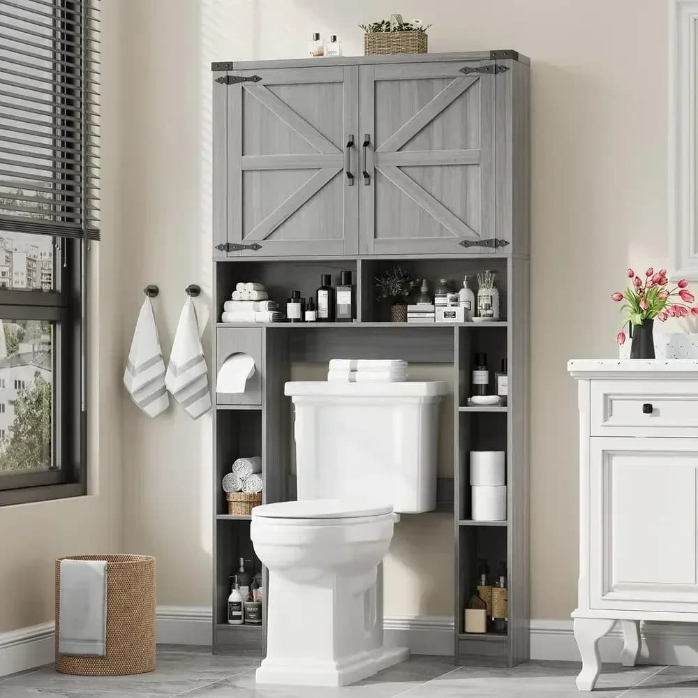 Space-Saving Over Toilet Storage Cabinet with 2 Barn Doors, Toilet Paper Holder, Grey