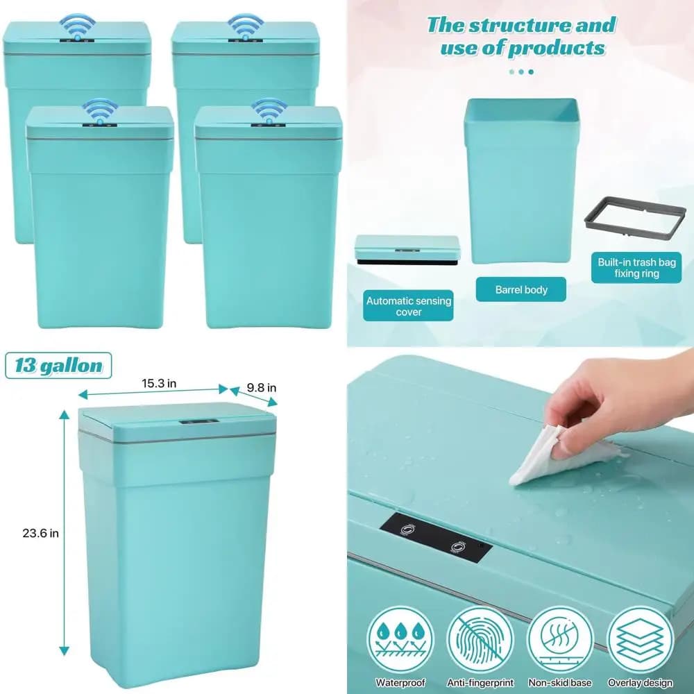 Set di 4 Pattumiere in Plastica Senza Contatto da 50 Litri (13 Galloni), Blu, per Cucina, Bagno e Ufficio Domestico
