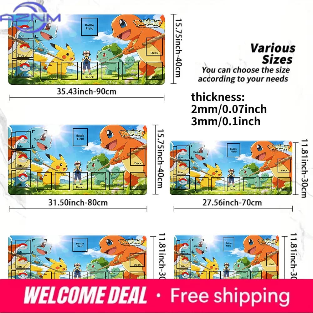 Tappetino da gioco Pokemon Starter Pokemon Tug of War TCG, tappetino per gioco di carte collezionabili anime con zone, tappetino per mouse antiscivolo da 2 mm/3 mm per CCG MTG