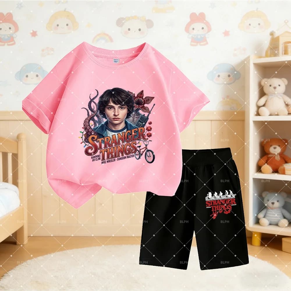 Children's T-shirt Set Stranger Things Mike Wheeler Dungeon Master with bicycle design, Demogorgon and octopus tentacles