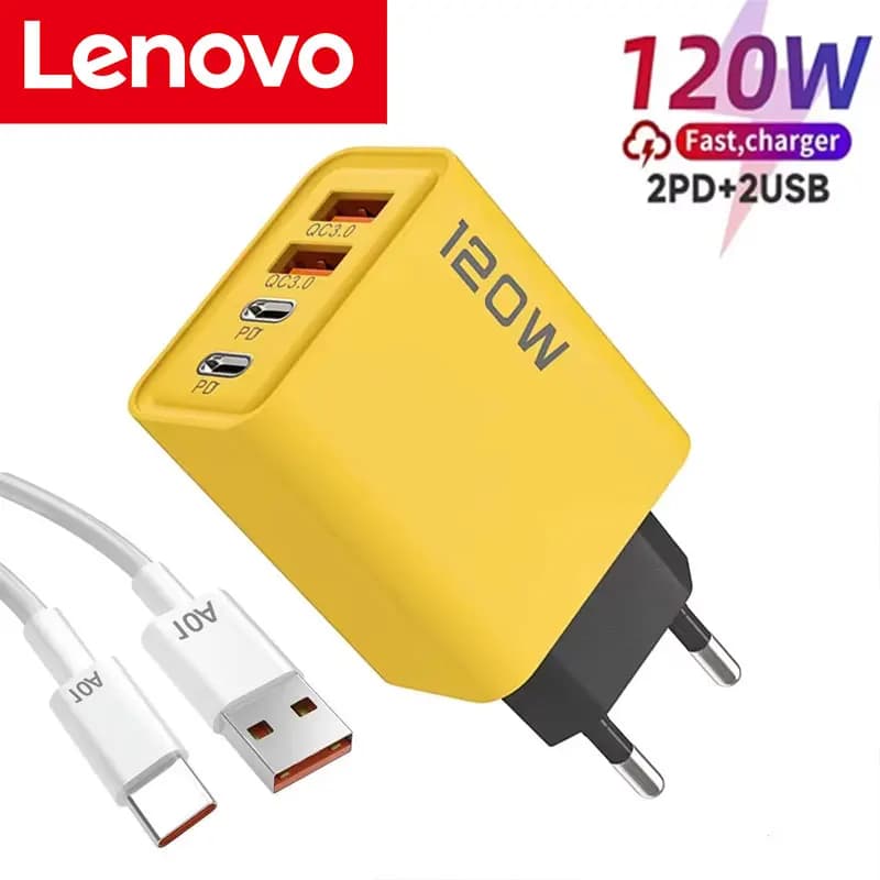 Lenovo 120W PD USB Charger Type C Fast Wall Adapter for iPhone Samsung with QC 3.0 Quick Charge EU Plug Foldable Portable Power