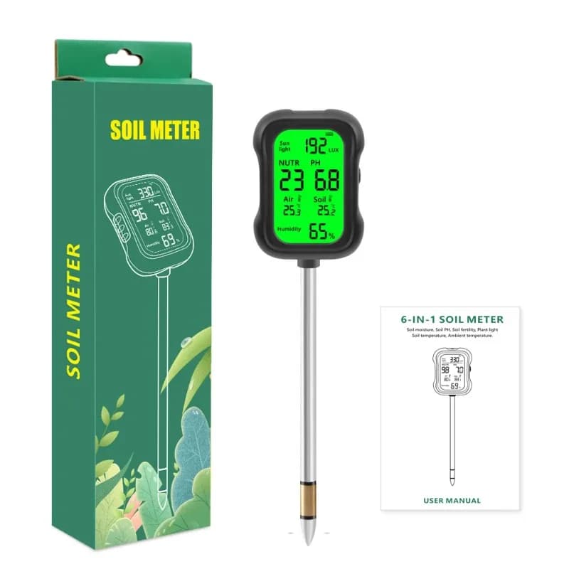 LCD 6-in-1 Soil Tester PH Moisture Fertility Sunlight Air Temp Meter Soil Monitor for Garden Farm Outdoor Plants