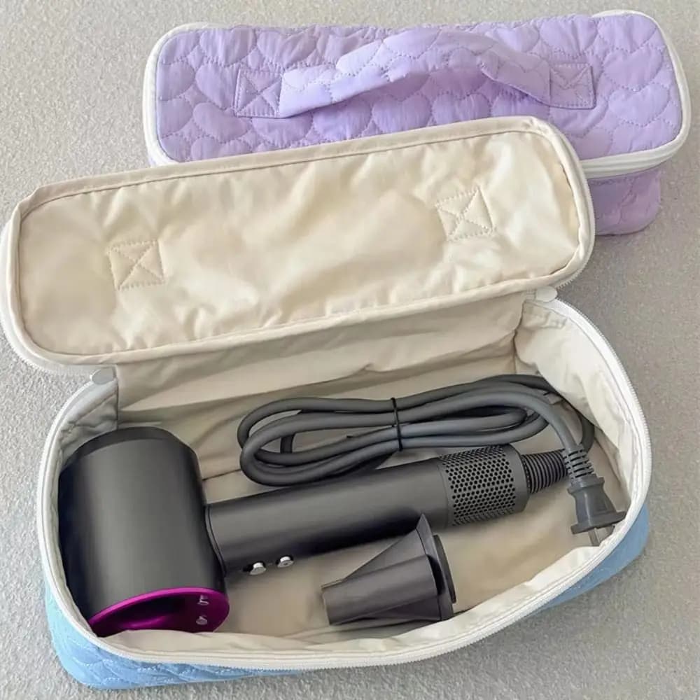 Heart-Shaped Quilting Portable Hair Dryer Tote Bag Large Capacity Zippered Closure Curling Iron Carrying Case Multi-functional