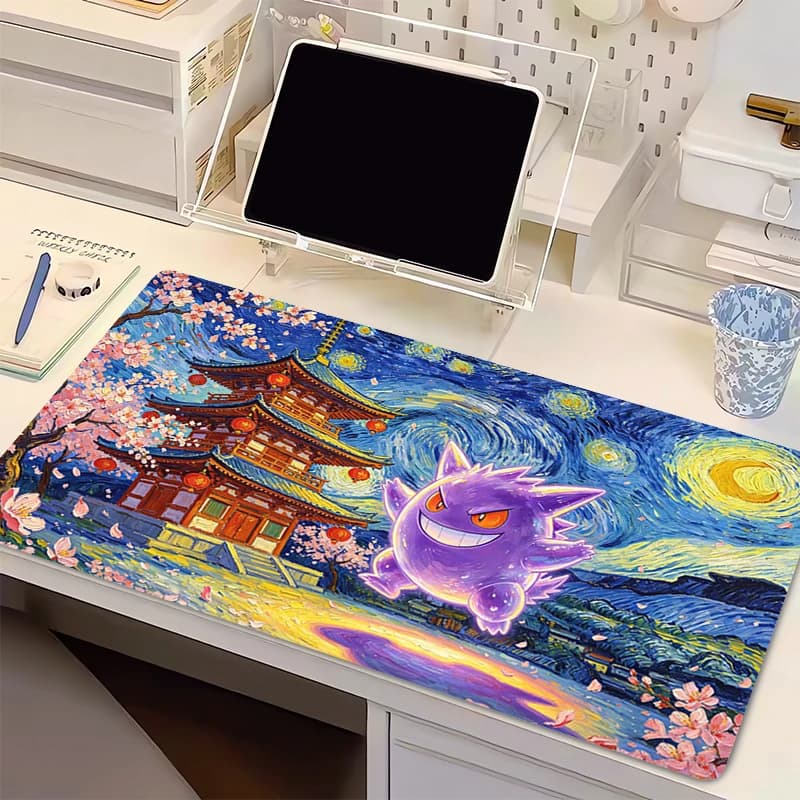 Tappetino per mouse Pokemon anime Gamer Tappetino per tastiera Gengar Starry Night con pittura a olio Tappetino da scrivania grande anti-sfilacciamento per gaming
