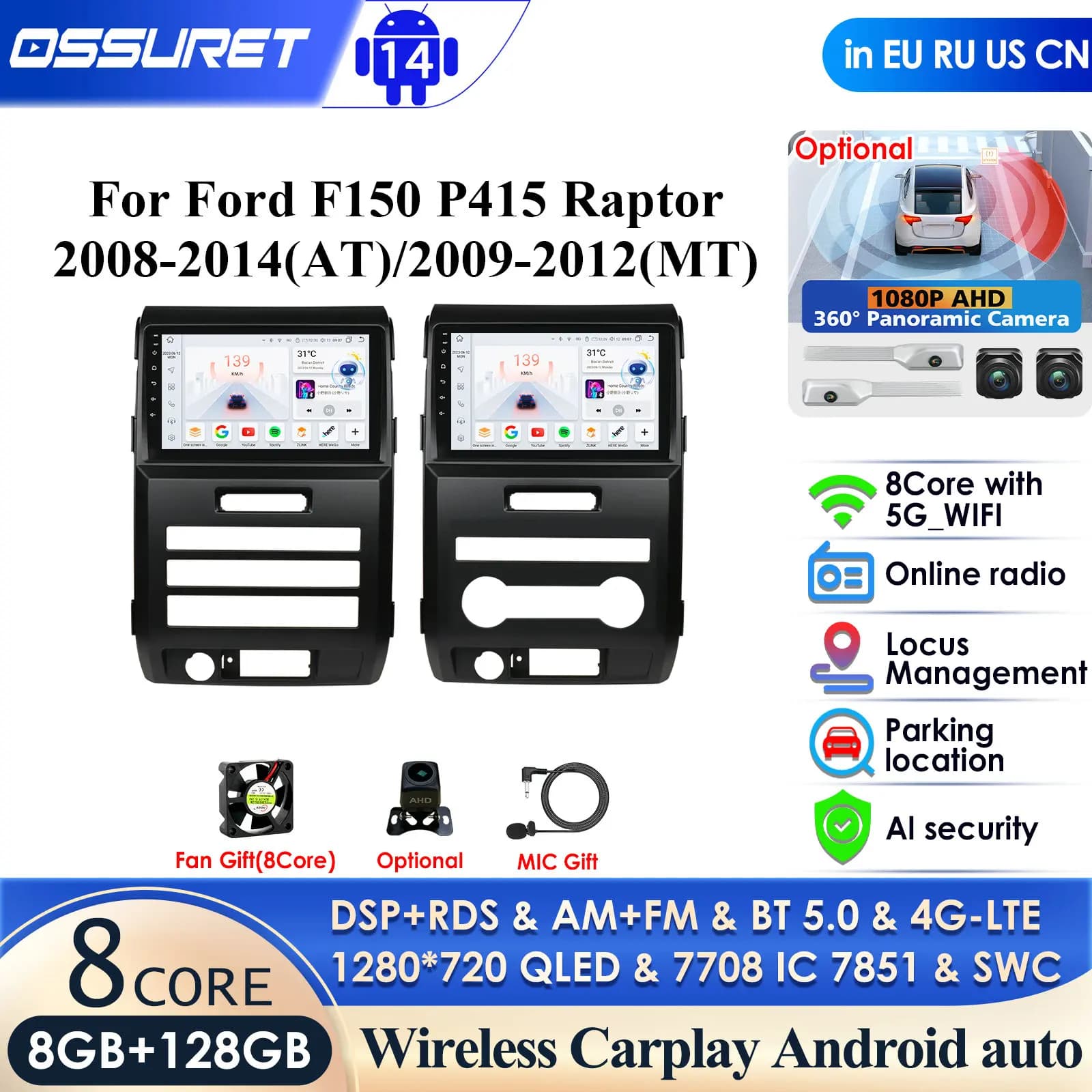 Hizpo Autoradio per Ford F150 P415 Raptor Manuale AC 2009-2012 Android 14 Car Stereo Navigatore GPS Wireless Carplay Android Auto