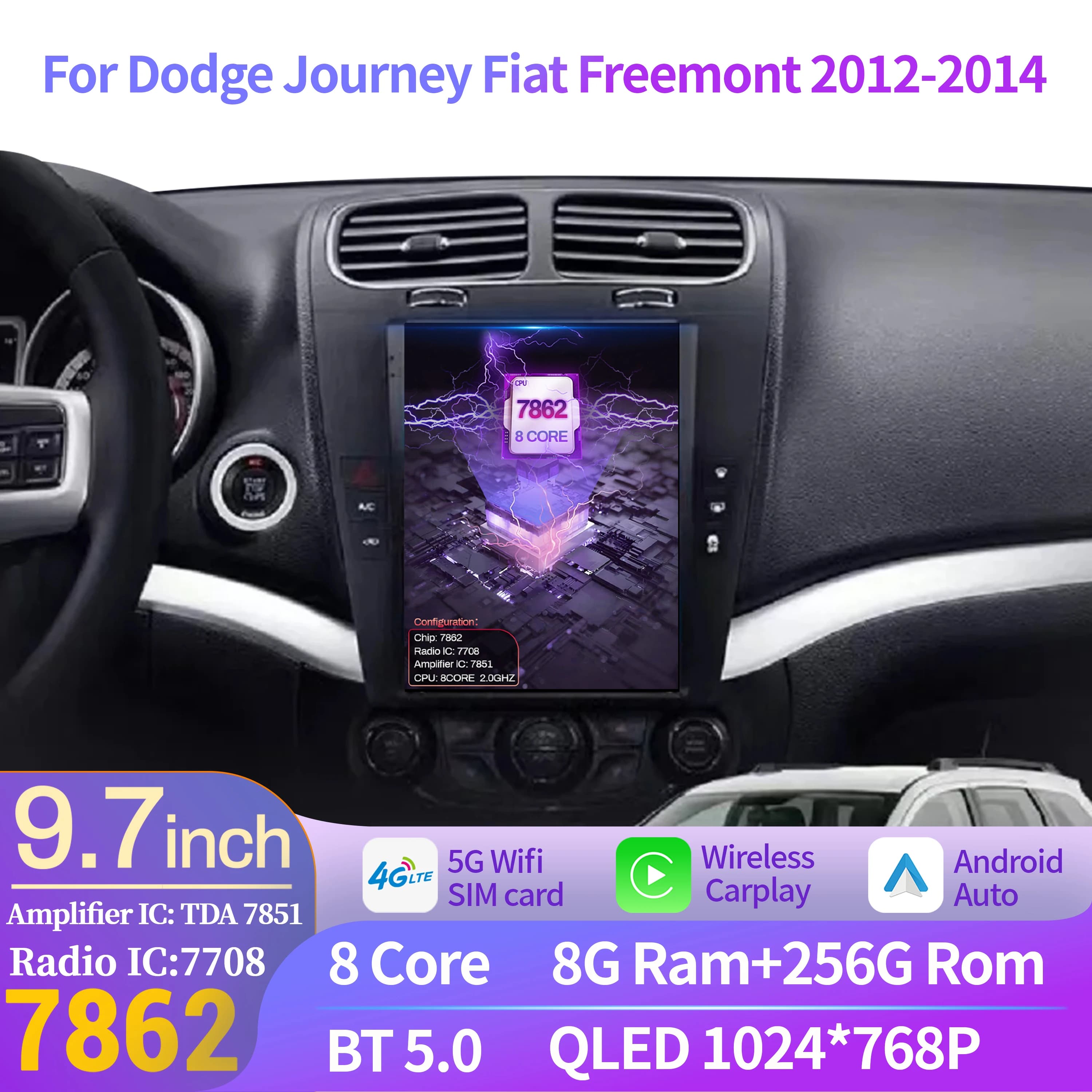 9.7 pollici Per Dodge Journey Fiat Freemont 2012-2014 Android 14.0 Autoradio Multimedia di Navigazione Senza Fili Carplay QLED Schermo