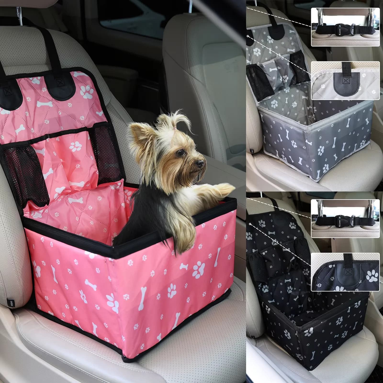Pet Dog Car Seat with Storage Pockets Universal Pet Seat Cover for Small Medium Dogs Non-Slip Portable Travel Mat & Safety Bag