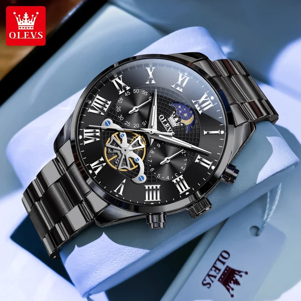 OLEVS 3640 Flywheel Chronograph Men's Watches Classic Moon Phase Waterproof Luminous Original Quartz Wristwatch for Man