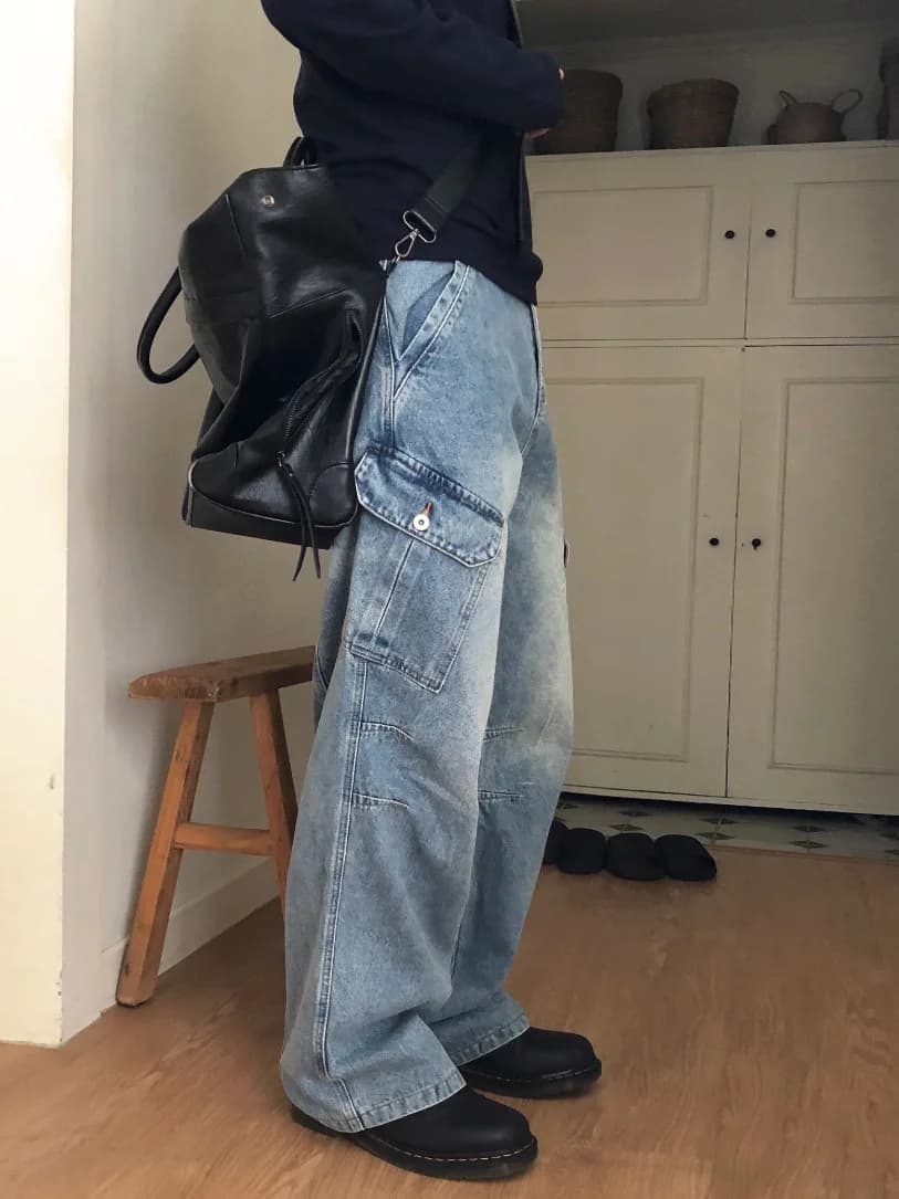TANGZ STUDIO Jeans da Uomo a Gamba Dritta e Larga, Stile Coreano Sle Cleanfit, Casual, in Misto Cotone, Vita Media, Chiusura con Cerniera, Primavera Autunno