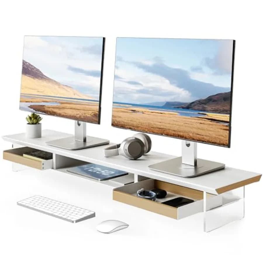 Supporto per Doppio Monitor con Cassetto, Rialzo per Monitor Grande da 42,5 Pollici con Gambe in Acrilico, Supporto per Computer da Scrivania a 2 Livelli in Legno