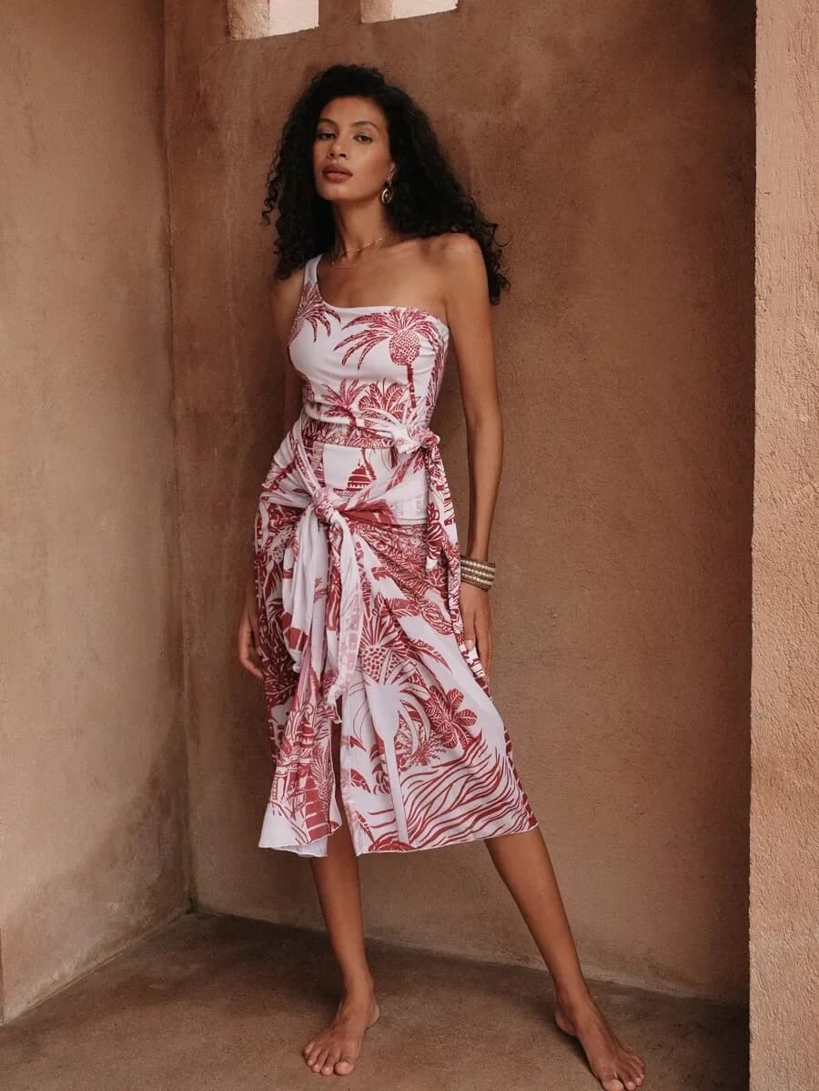 Completo due pezzi con gonna midi a stampa floreale con scollo monospalla e costume da bagno
